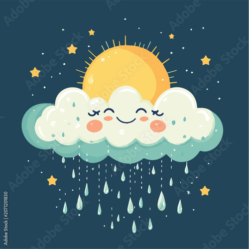 A cheerful illustration of a smiling cloud with sun and raindrops, evoking a playful mood in nature.
