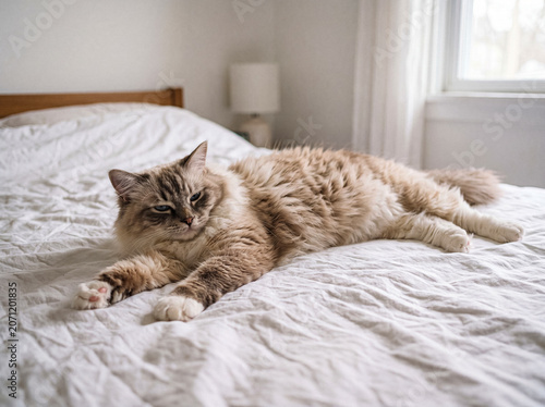 Fotografie A majestic fluffy ragdoll cat with cream-colored fur and striking blue eyes lies serenely on a soft white bed in