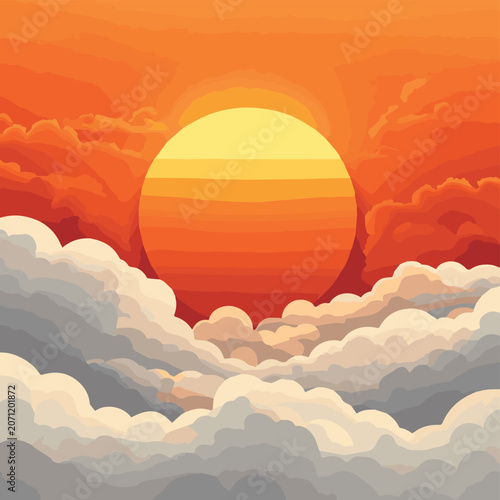 A cheerful sun cartoon emerging from fluffy clouds, radiating happiness and warmth in a bright blue sky.