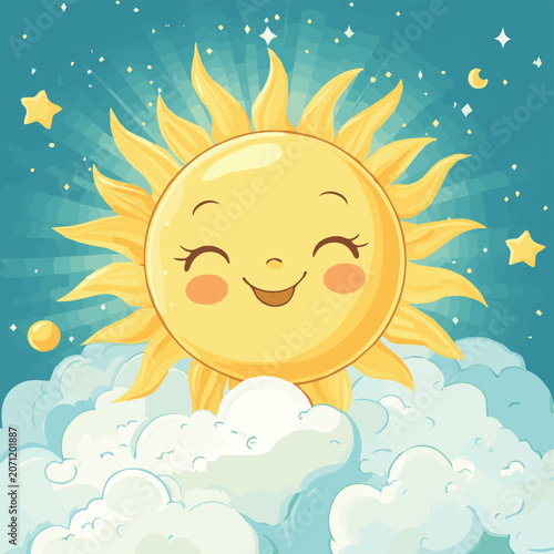 A cheerful illustration of a smiling sun shining above fluffy clouds in a starry sky.