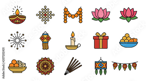Diwali festival celebration icons with lamps, sweets, and flowers.