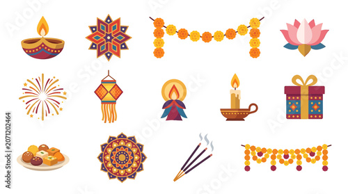 Diwali festival decorations and symbols arranged on a table indoors