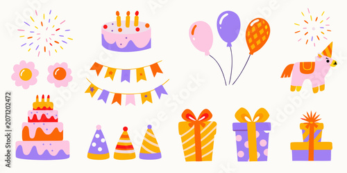 Bilde på lerret Birthday party elements illustration with cakes balloons and festive decorations