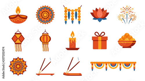 Diwali celebration icons show traditional Indian lamps and gifts