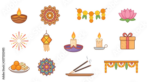 Diwali celebration scene with traditional Indian decorations and items indoors
