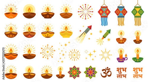 Diwali festival decorations with lamps, fireworks, and symbols.