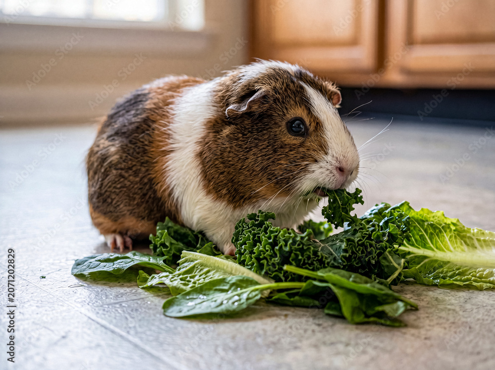 Wall Mural Cute brown and white guinea pig happily eating a variety of fresh green vegetables on the floor
