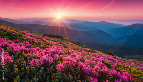 Beautiful mountain landscape with blooming pink flowers at sunrise