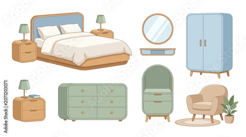 Foto Cozy Bedroom Furniture Set: Bed, Wardrobe, Armchair, Dresser, Nightstands, Mirro