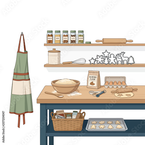 Baking kitchen workspace with apron utensils.