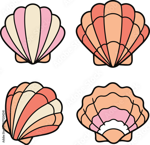 Four Colorful Seashell Illustrations.