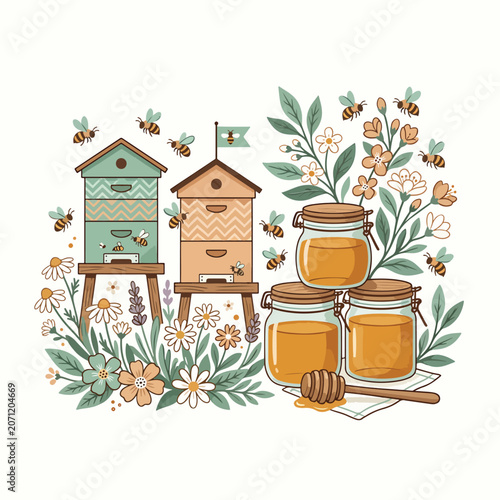 Bees and beehives with honey jars.