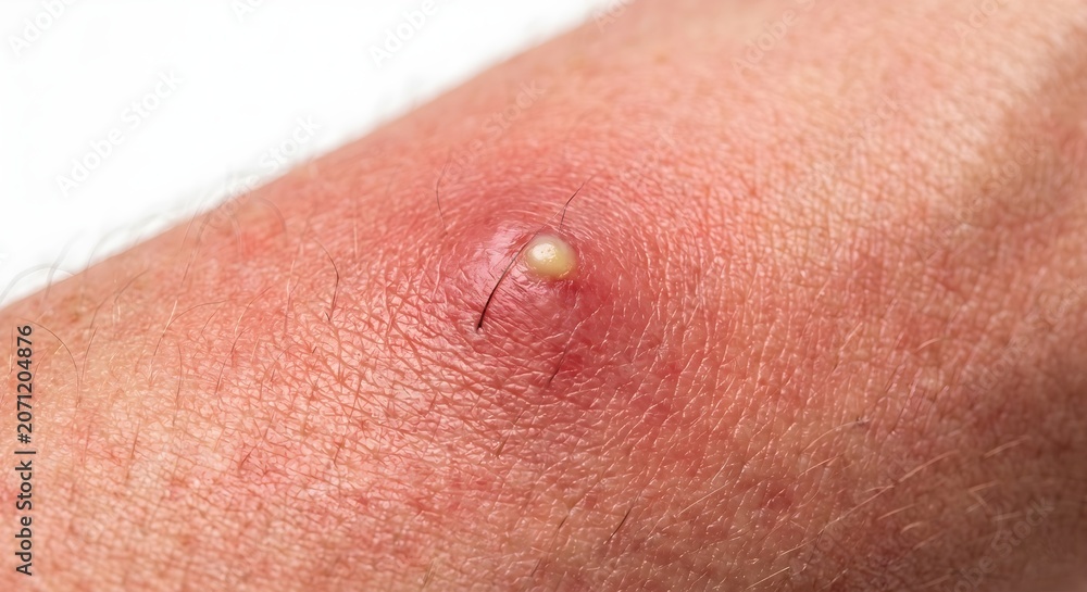 Fototapeta premium Macro Close-up of Furuncle and Inflamed Hair Follicle with Early Pus Formation