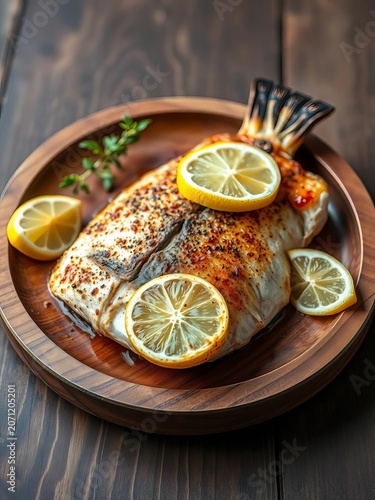 Golden brown baked fish with a zesty lemon slice on a rustic wooden platter, lunch, table setting