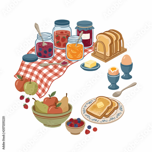Breakfast Food and Fruit Spread Out.