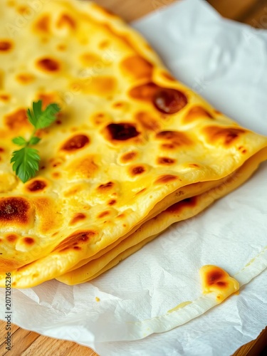 Golden-brown paratha with layers of buttery dough, buttery, flatbread