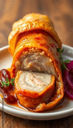 Golden brown pork belly wrapped in a delicate pastry, dim sum, fresh meat
