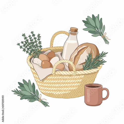Bread milk and herbs in basket.