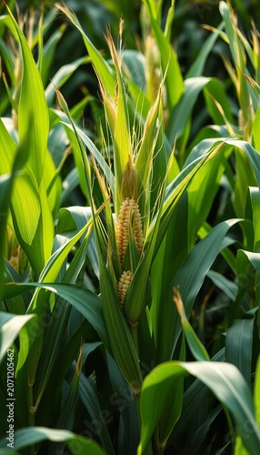 Green corn stalks sway gently in the breeze among lush green foliage, fields, crops