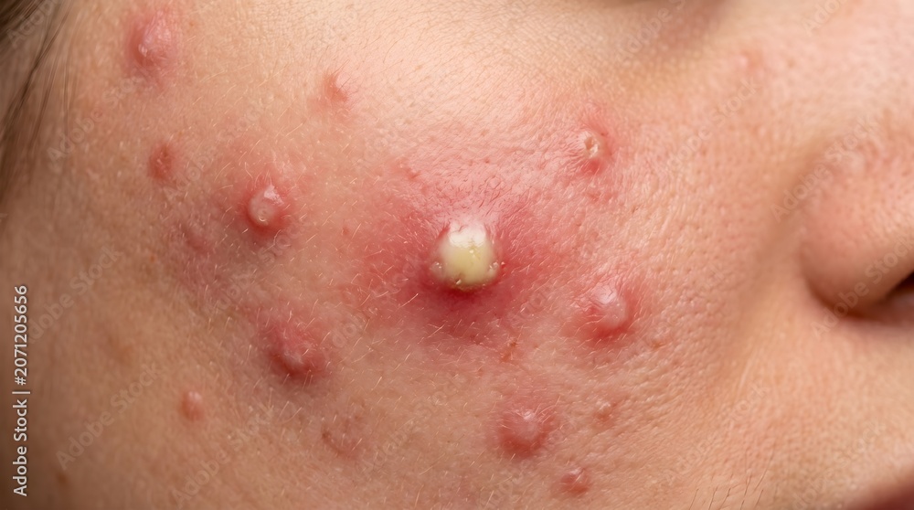 Fototapeta premium Pustule Acne with White Pus Center Close Up on Inflamed Cheek Skin