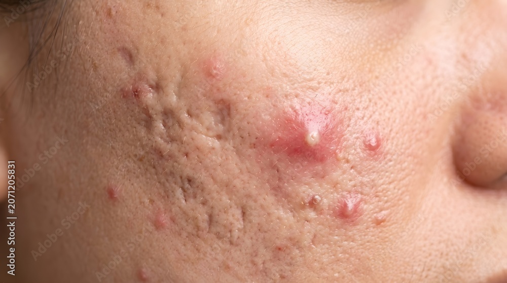 Fototapeta premium Acne Scar Texture with Atrophic Scarring and Active Inflamed Lesions Close Up