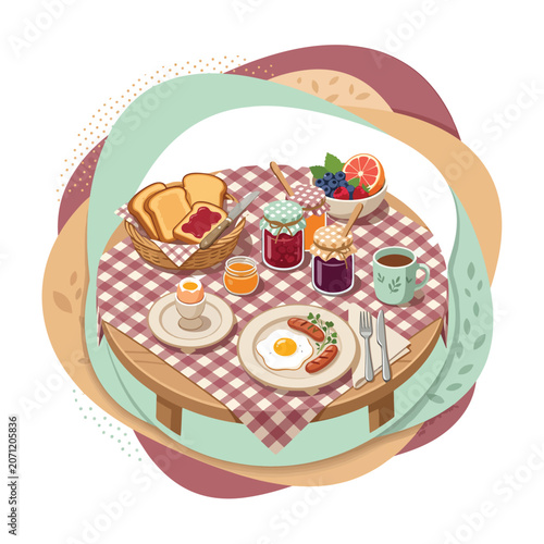 Breakfast table with food and drink 1.