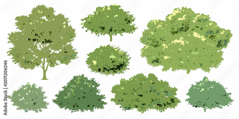 Behang Collection of green tree shapes in a watercolor style on a white background arbo