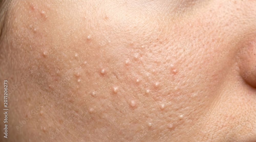 Fototapeta premium Whiteheads and Closed Comedones Clogged Pores on Cheek Skin Close Up