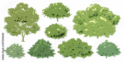 Photos Collection of green tree shapes in a watercolor style on a white background arbo
