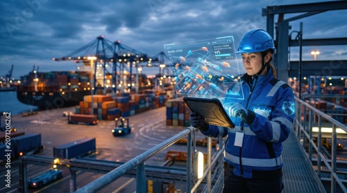 High-Tech Smart Worker Holding Glowing Digital Tablet with Holographic Data in Logistics Network at Shipping Port with Blurred Containers