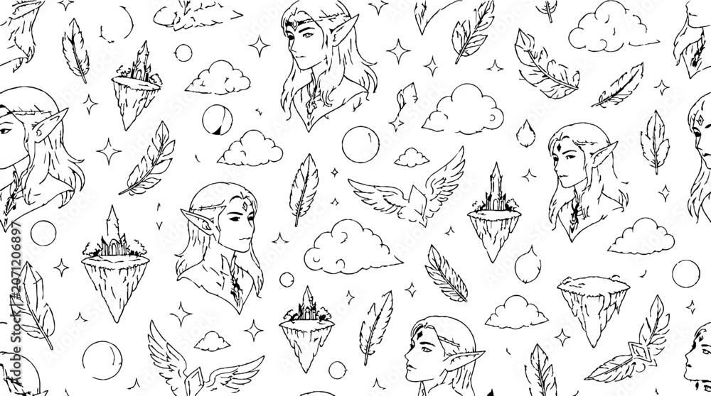 Fototapeta premium Intricate line art of fantasy elements and symbols.
