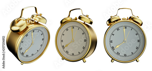 Set of three golden alarm clocks showing different times on white background