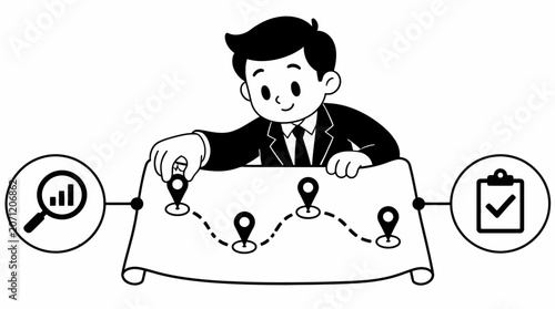 Businessman analyzing map with location pins and icons.