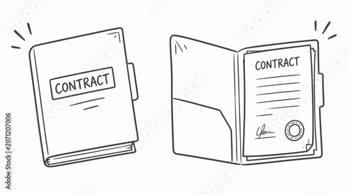 Illustrated contract folder with documents inside.