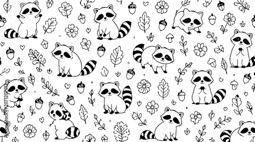 Playful raccoons and forest elements illustration.
