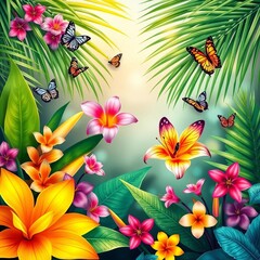 Vibrant tropical border with colorful flowers, palm fronds, and butterflies dancing together, vector, foliage