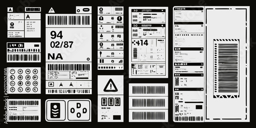 Quadro em tela Collection of monochromatic technical shipping labels and barcodes on a black ba