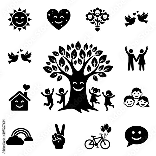 Happy Life Icons Set with Tree Children and Symbols