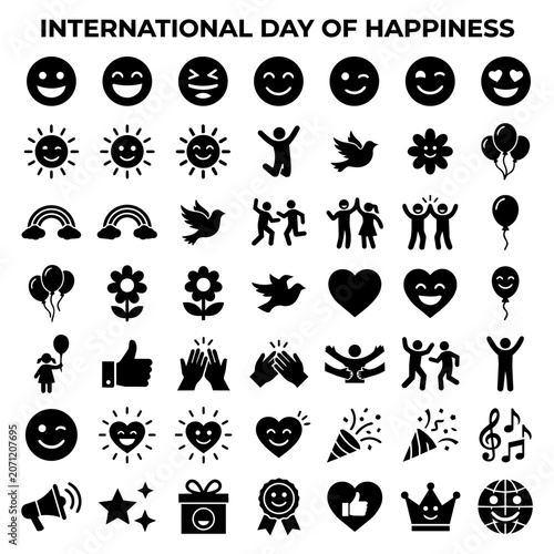 International Day of Happiness Black Icons Vector Set