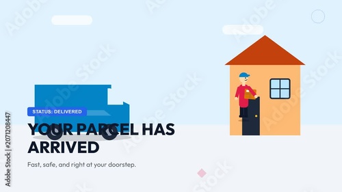 Delivery man brings parcel to house.