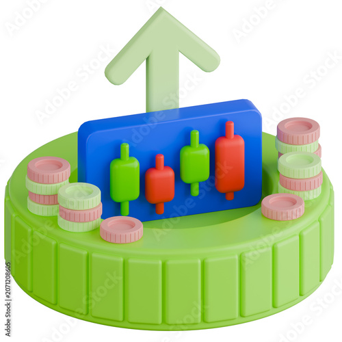 Stock Market Investment Growth Concept with Candlestick Chart Panel and Coins Stacks. 3d illustration.