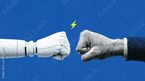 Minimalist flat illustration of human hand and robotic hand fist bump, centered artwork on solid blue background, white jointed robot hand, gradient black and white halftone human fist, yellow lightni