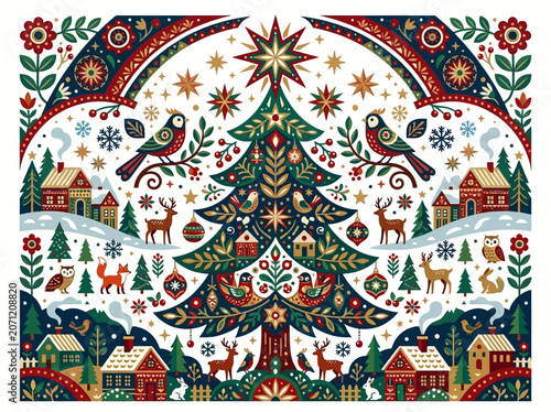 Schilderij op canvas Nordic Folk Art Christmas Scene with Winter Village and Forest Animals