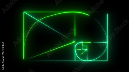glowing neon Golden Ratio Fibonacci sequence golden number icon . neon Fibonacci spiral golden ratio icon on black background
