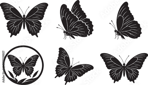 Blue Morpho Butterfly Silhouette Icon Set Collection Black Vector Insect Wildlife Symbols