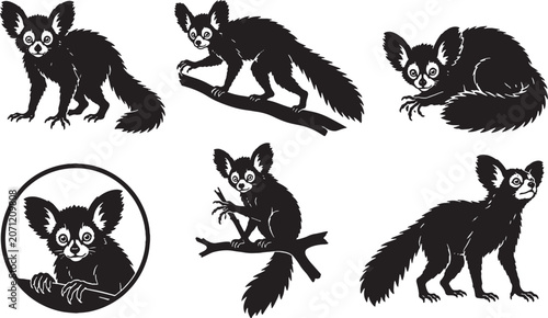 Aye Aye Silhouette Icon Set Collection Nocturnal Primate Black Vector Wildlife Icons