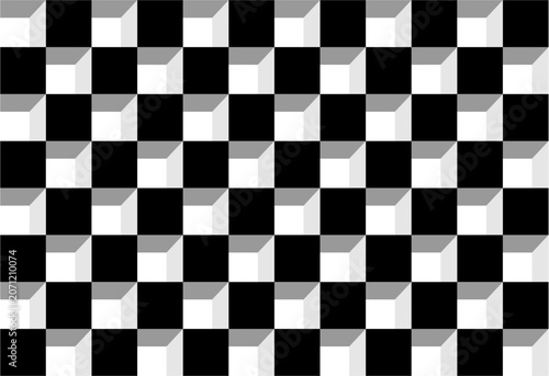 A black and white checkerboard pattern with a 3D optical illusion effect, where shaded bevels make the white squares look like raised cubes or recessed window blocks.