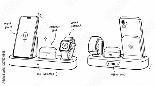 Wireless charging station with multiple devices and accessories.