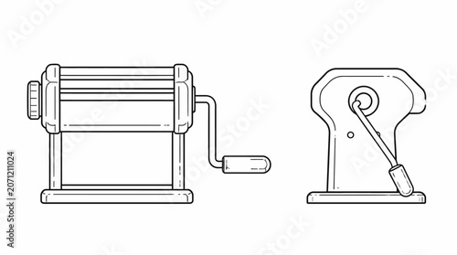 Vintage pasta maker and manual meat grinder illustration.