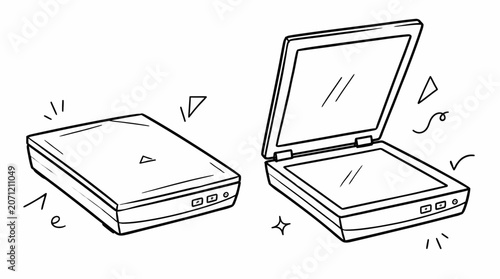 Illustration of two open and closed flatbed scanners.